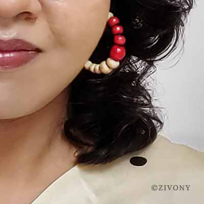 Red White Wooden Beads Hoop Earrings Front View